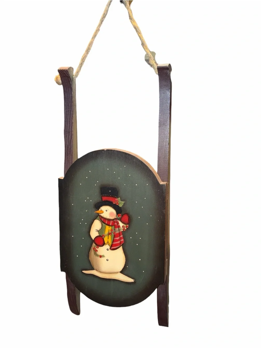 Green Snowman Hanging Sled Holiday Ornament